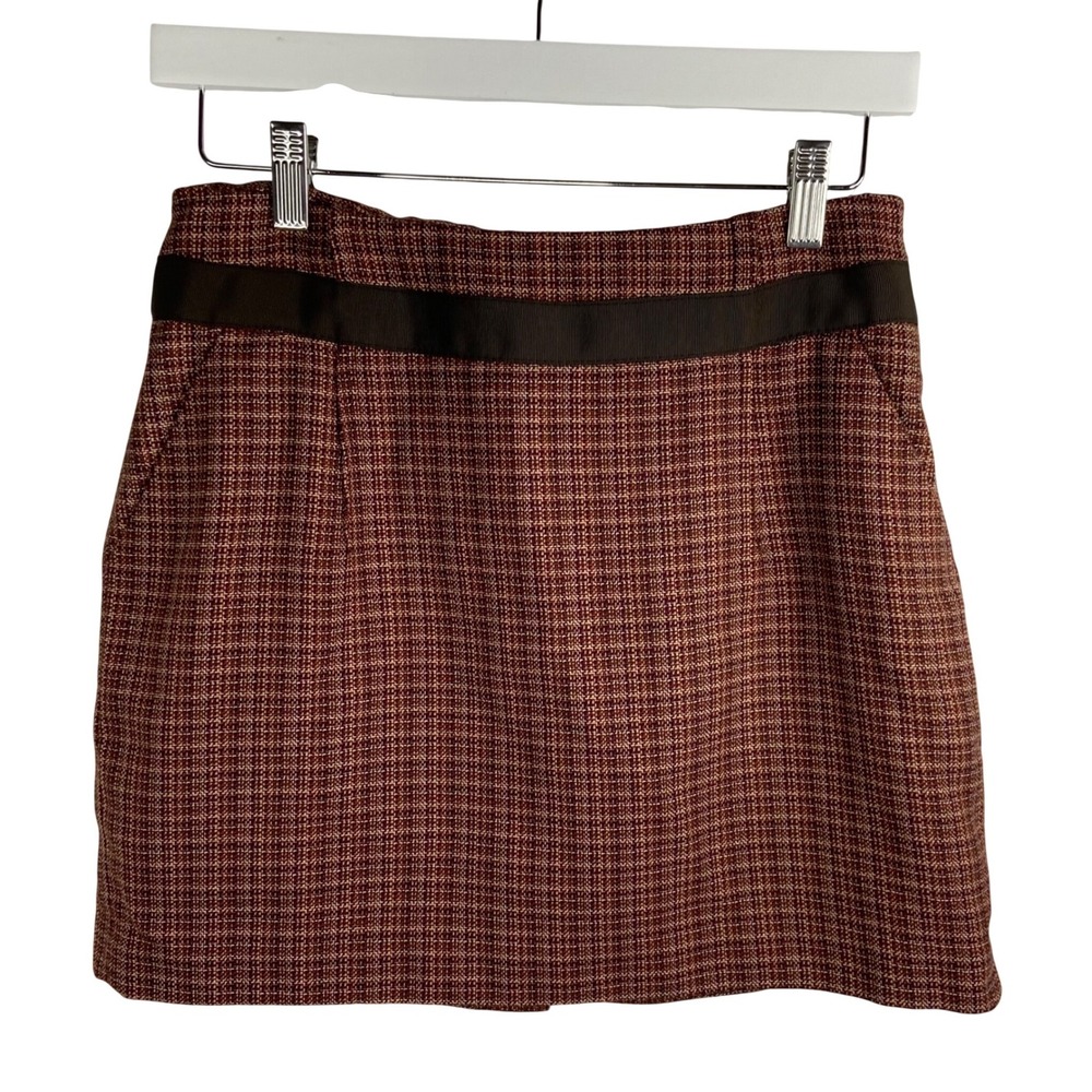 The Limited Wool Blend Plaid Mini Skirt Burgundy Brown Grosgrain Trim Size 2